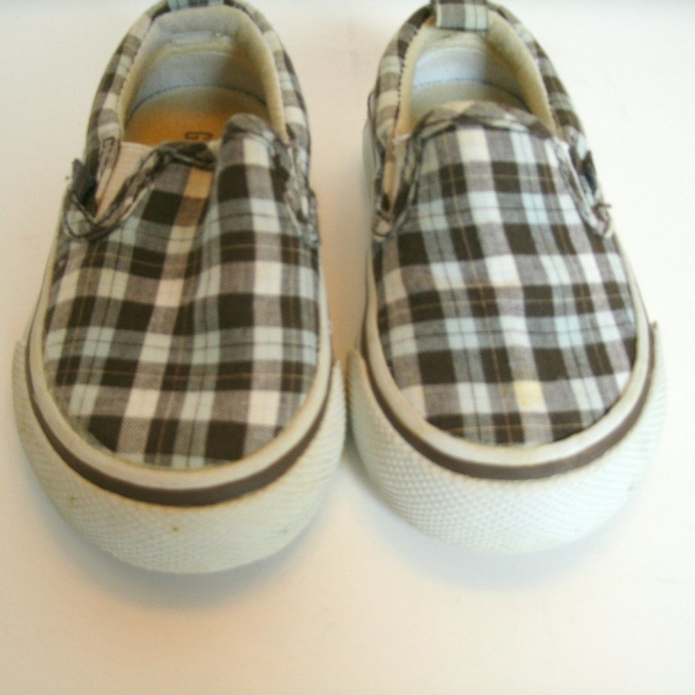 Gymboree Boys Shoes Brown Plaid Slip On Canvas Skate Sneakers Size 3